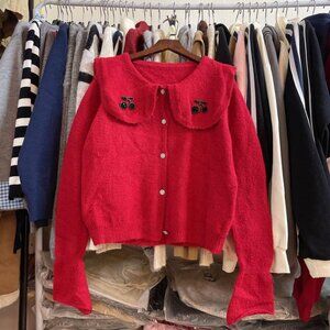 🍒 Cherry Red Vintage Cardigan Sweater Fuzzy